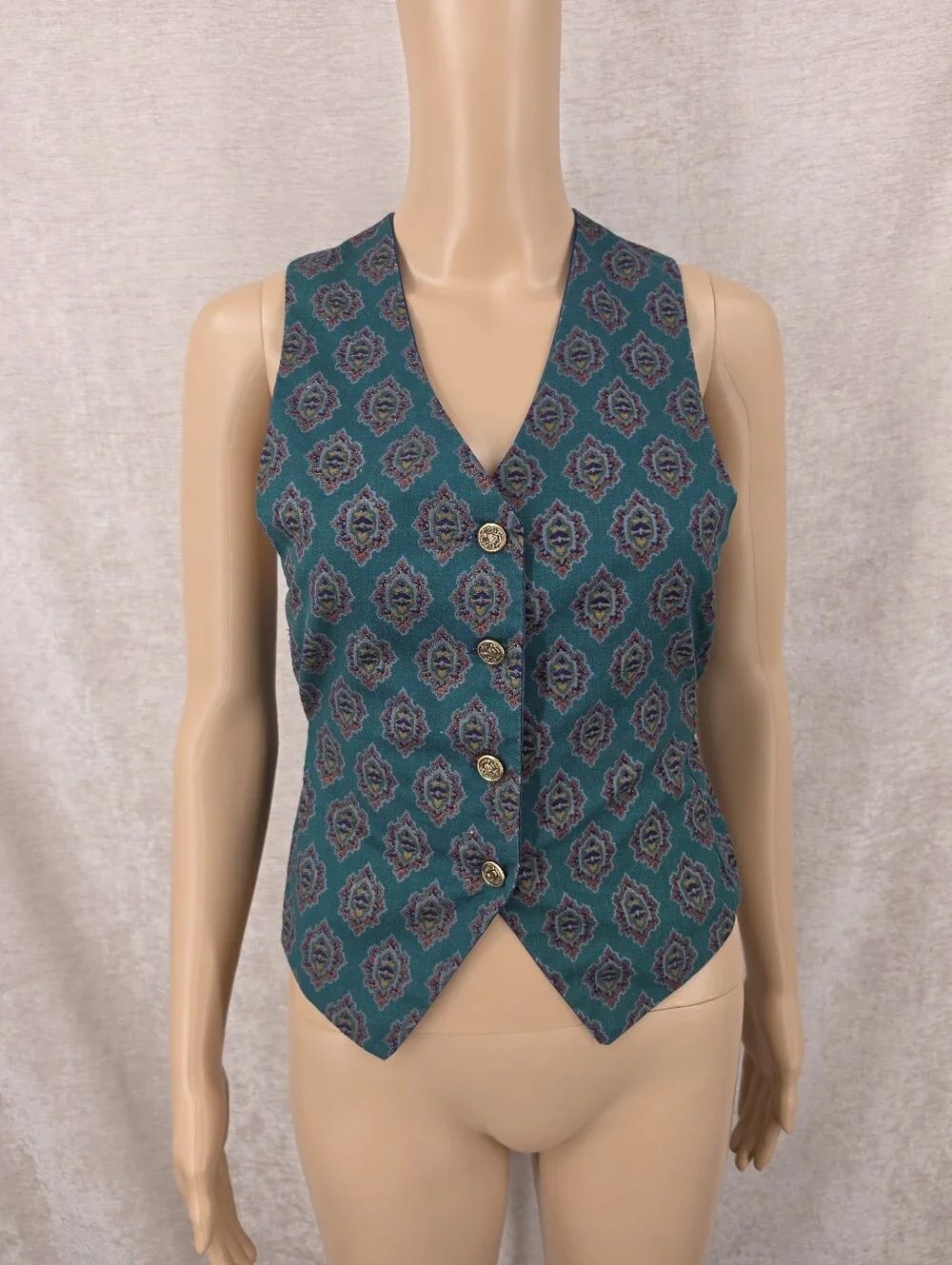 Vintage Block Print Deep Teal Patterned Button Front Vest Waistcoat